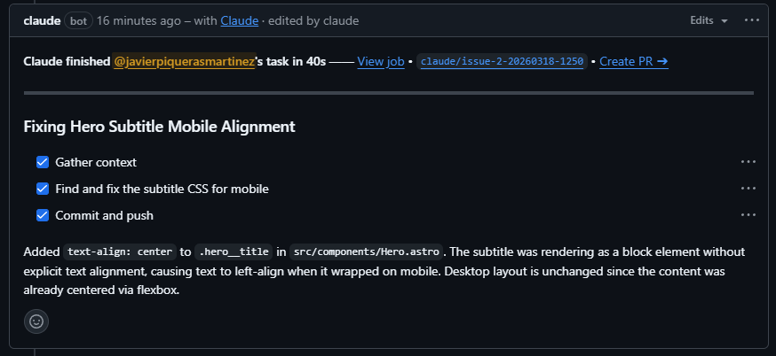 Claude's summary comment on the issue after completing the fix